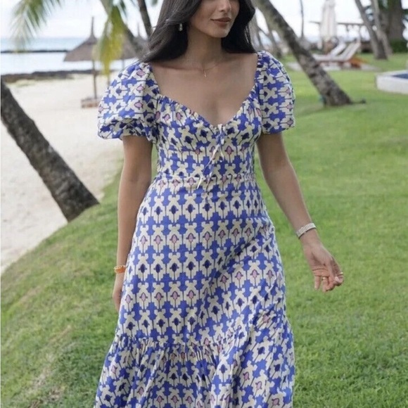 Zara Ikat Maxi Tiered Dress, Ivory Blue Black Pink size Large - Picture 8 of 17